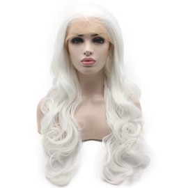 iwonawig 13 * 6 Snow White Long Wavy Lace Front Wig Half Hand Tied Heat Resistant Fiber Hair Lace Wig
