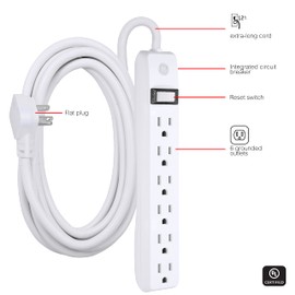 GE 6-Outlet Power Strip, 8 Ft Extension Cord, Heavy Duty Plug, Grounded, Integrated Circuit Breaker, 3-Prong, Wall Mount, UL Listed, White, 67122