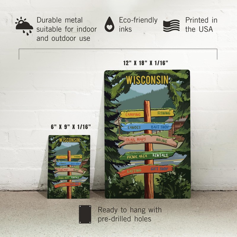 Lantern Press 6x9 Inch Metal Sign, Wisconsin, Signpost, Forest and