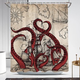 Coxila Vintage Octopus Shower Curtain Retro Ocean Nautical Coastal Gothic Goth Kraken Beach Sea Ship Cool Funny Fun Mens World Map Pirate Horror Bathroom 60 x 72 Inch Polyester Fabric 12 Pack Hooks