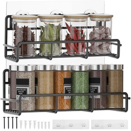 ITHWIU 2 Pack Wall Mount Spice Rack Organizer, for Kitchen Pantry Door Storage and Organization, Heavy-Duty Metal Kitchen Spice Rack, Flexible Wall Iron Shelves with Adhesive Hook, Black