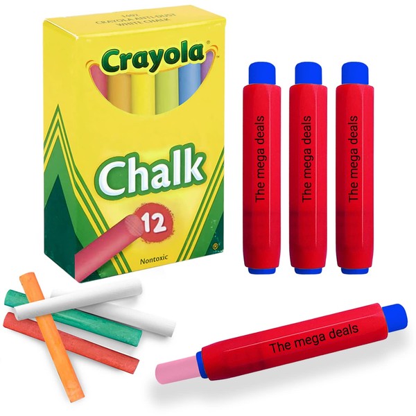 Chalk - 12 Pack Chalkboard Chalk With 4 Chalk Holder - 12 Colored Chalk, Non Toxic Chalk for Chalkboard, Thin Kids Chalk Great for School, Office, Kids and Teacher Use