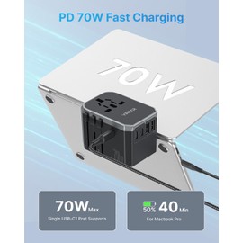 Universal Travel Adapter, VINTAR 70W GaN International Power Adapter with 5 USB Ports (3 USB-C), Worldwide Travel Plug Adaptor, All in One Travel Essentials Outlet Converter for UK/EU/USA/AUS, Black