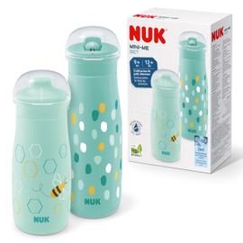 NUK Mini-Me Cup Set for Toddlers, Sip & Flip Attachments, 9-12+ Months, 300 ml & 500 ml, Drinking Bottles for Children, Leak-Proof, Bite-Resistant Spout & Straw, Shatterproof, Mint Dots & Bee