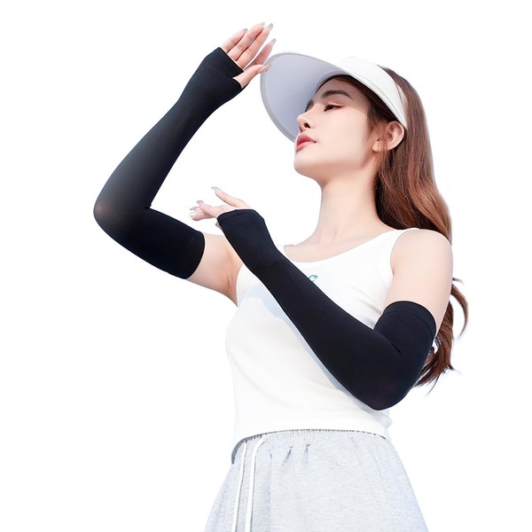 LINECY Women's Arm Cover, Made in Japan, UV Protection, Cooling Sensation, Cool to Touch, Finger Type, Sunshade, Arm Cover, Arm Cover, Long, Cool, Stylish, Sunburn, For Summer, Solid, Sweat Absorbent, Quick Drying, Anti-Slip, Black