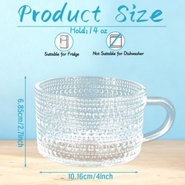 12 Pcs Vintage Coffee Mugs with Handle 14 oz Stackable Glass Water Cups Clear Embossed Tea Cups for Yogurt Dessert Cappuccino Latte