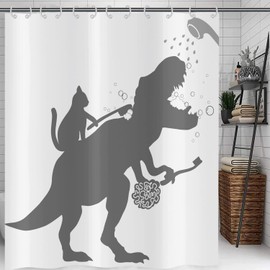 Hnmdmyi Shower Curtain, Funny Cat Help Dinosaur Bath Shower Curtains, Kids' Boys, Silhouette Shadow, Black and White Bathtub Curtain, Waterproof, Polyester Fabric, Washable Bath Curtain, 180 x 200 cm