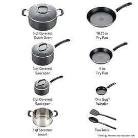 T-fal Experience Nonstick Cookware Set 12 Piece, Induction, Oven Broiler Safe 350F, Kitchen Cooking Set w/Fry Pans, Saucepan, Stockpot, Kitchen Utensils, Pots and Pans, Dishwasher Safe, Black