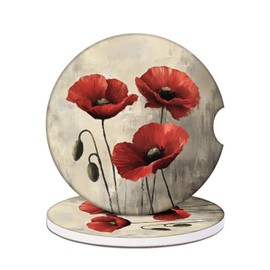 Red Poppy Flower Cup Holder Car Coasters, Vintage Floral Absorbent Ceramic Car Coasters for Cup Holders, Car Accessories for Women Men (2 Pack)