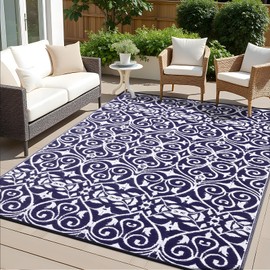 OLANLY Outdoor Rug Waterproof 9x12 ft Clearance, Reversible Outdoor Plastic Straw Rug with Floral Pattern, RV Mat for Patio, Camping, Balcony, Deck, Backyard, Navy & White