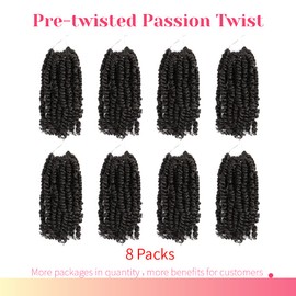 BOHOBABE Pre-twisted Passion Twist Crochet Hair 8 Inch Short Black Pre-looped Crochet Passion Twist Braiding Hair 8 Packs (1B)