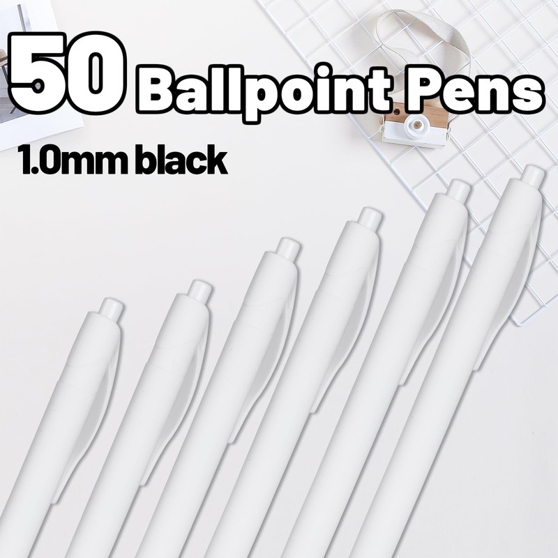 Wiaziert BallPoint Pens, 50 Pack (BLACK Ink),Bulk Pens, White Barrel,Click