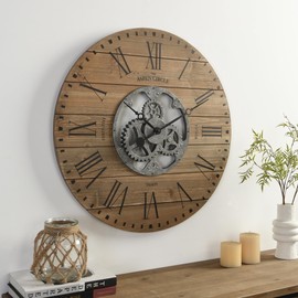 The Aspen Circle Brighton Gears Wall Clock, Brown 27 Inch Round Wooden Roman Numeral Farmhouse Decor for Living Room, Kitchen