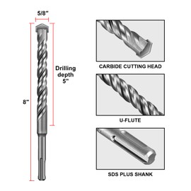 SALI Rotary Hammer Drill Bits 5/8"*8" 10 Pcs Rotary Hammer Drill Bits Concrete Masonry Hole Tool with Storage Case for Concrete, Stone, Brick