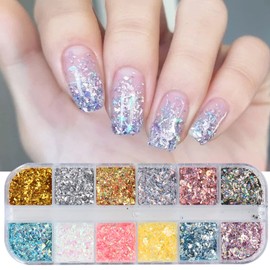 12 Colors Glitter Nail Art Sequins, Holographic Irregular Iridescent Shiny Nail Flakes Decorations 3D Ultra-Thin Powder Nail Art Design for Women Manicure Sparkly Acrylic Supplies, Resin Nail Art Tips