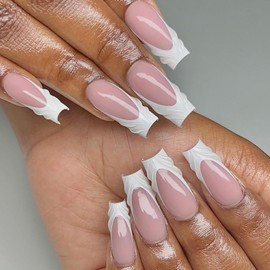 Press on Medium Square Nails French Glossy Full Cover Acrylic Square Shaped False Nails with 3D Designs Artificial Square Fake Nails with Charms Glue ons Nails Stick on Fingernails for Women Girls