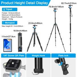 77 inch Camera Tripod Monopod for DSLR, Phone with 360° Panoramic Ball Head Detachable,2 QR Plate, Compact Foldable Aluminum Lightweight Travel Tripod, Bag Included for Camera, Phone(Blue)