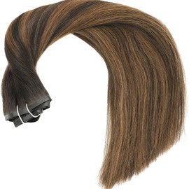 Eufficco Seamless Clip in Hair Extensions Remy Human Hair, 18 Inch 120G, Rooted Dark Brown Base Mixed with Chestnut Brown, Balayage Invisible PU Clip In Hair, Skin Weft Human Hair Extensions