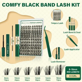 KEYYOU Manga Lash Clusters Kit 8-18mm Eyelash Clusters Kit DIY Lash Extension Kit Natural Fairy Cluster Lashes with Lash Bond Seal Remover Applicator Soft Thin Band(MG02)
