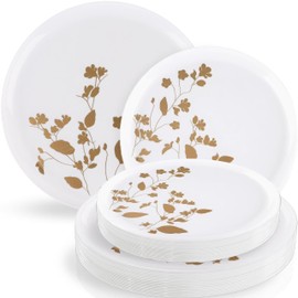 Garden Collection White With Gold Garden Design Combo Plate Set - (8.6"- 10 count, 10.6-10 count) - Round, Disposable and Reusable Dinnerware for Parties and Events