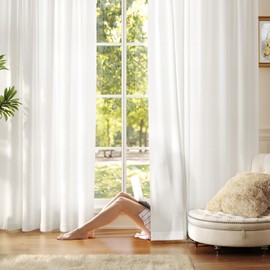 Anmao Non-See-Through Ivory White Privacy Semi Sheer Curtains for Living Room 45 Inch Length 2 Panels Set, Light Filtering Window Curtains Drapes for Bedroom with Tiebacks, 52 Inch Wide Each Panel