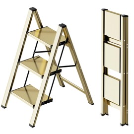 SOLADDER 3 Step Ladder, Anti-Slip and Lightweight Foldable Step Ladder for Adults & Kids to Use in Kitchen,Closet and Library,300lbs(Gold)