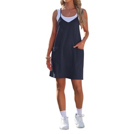 WNEEDU Womens Summer Dresses 2025 Sleeveless Casual Dress Spaghetti Strap Beach Sundresses with Pockets Navy Blue 2XL