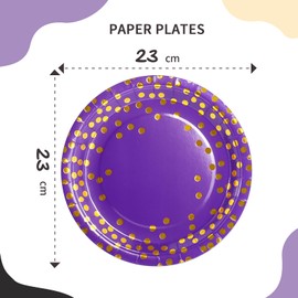 AIPartywar Disposable Paper Plates, Pack of 50 Party Plates Set 23 cm (9 Inches) Party Tableware Set, Purple Gold Polka Dot Paper Plates for Banquet, New Year's Eve, Children's Birthday, Birthday