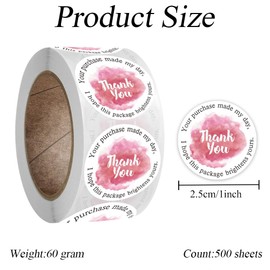 500Sheets 2.5 CM/1 Inch Round Thank You Business Stickers Pink Ink Painting Gift Wrap Labels Your Purchase Made My Day Decorative Self-Adhesive Stickers for Package Delivery
