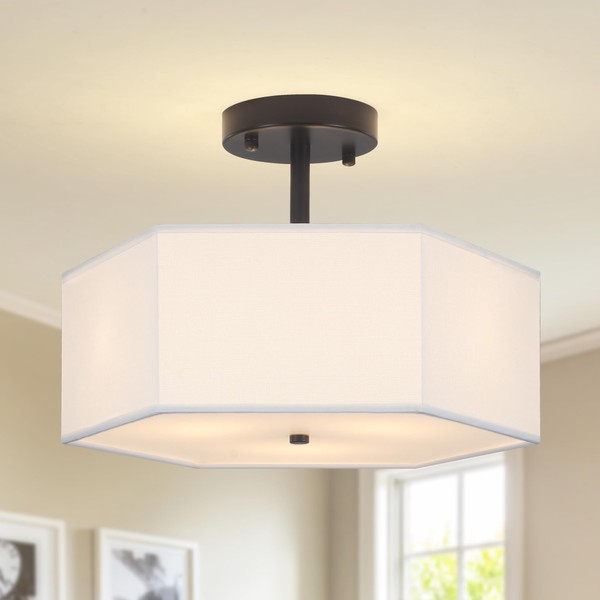 Febeleven Modern Ceiling Light with White Fabric Shade 3-Light Black