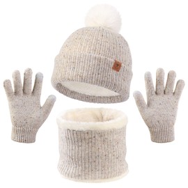 OZERO Warm Winter Hat and Gloves Scarf Set, Beanie Hat Winter Gloves Fleece Lining Boys / Girls, beige