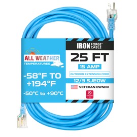 IRON FORGE CABLE 25 Ft All Weather Extension Cord - Stays Flexible in Extreme Cold & Hot Temperatures from -58°F to +221°F - 12/3 SJEOW Heavy Duty Lighted Outdoor Extension Cable
