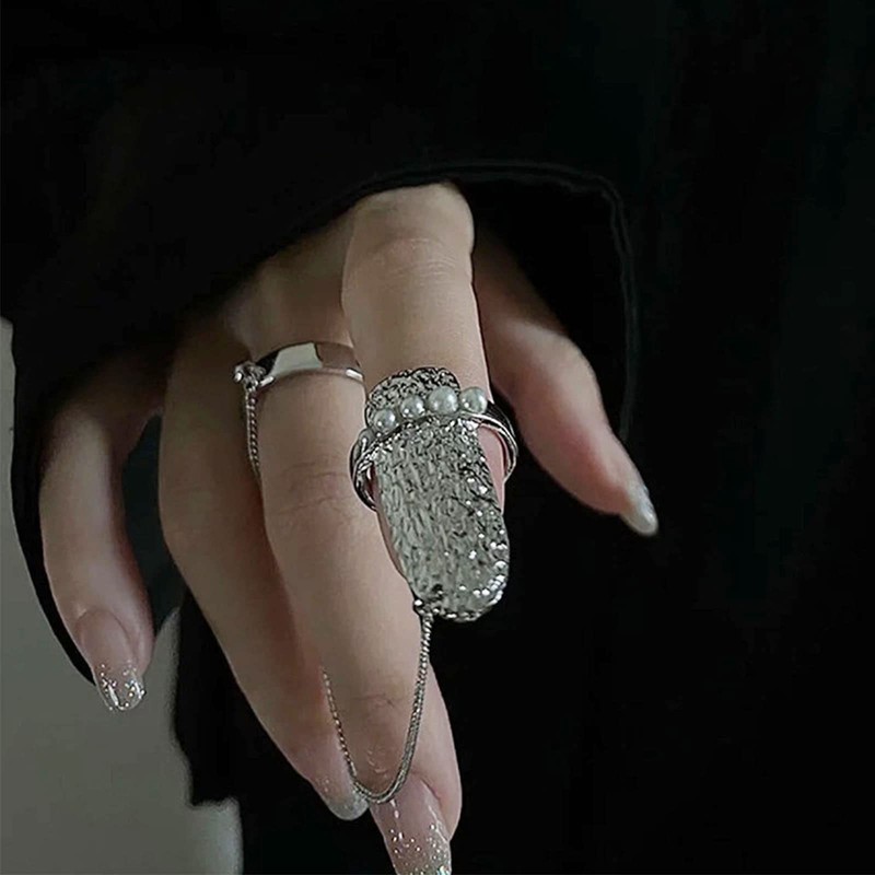 Inateannal Pearl Fingernail Ring Open Nails Ring Chain Fingertip Manicure