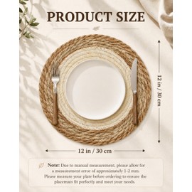 4Pcs 12'' Round Woven Placemats Handmade Slip Heat Resistant Wicker Placemats Boho Rattan Chargers for Dinner Plates, Rustic Wicker Place Mats, Straw Braided Table Placemats, Holiday Table Decor