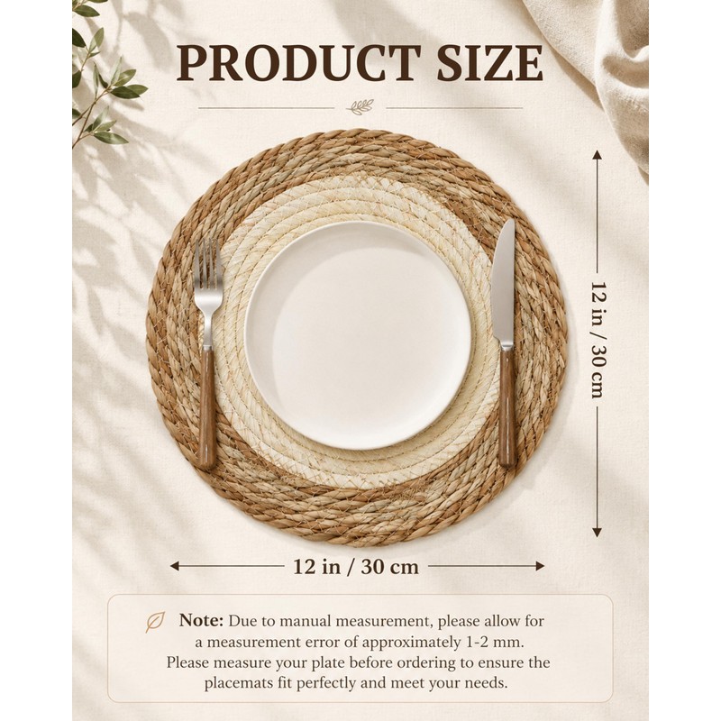 4Pcs 12'' Round Woven Placemats Handmade Slip Heat Resistant Wicker