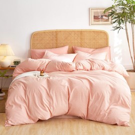 Wake In Cloud - Striped Quilt Cover Set, 100% Washed Cotton Doona Duvet Cover, Ticking Stripes Pinstripe Pattern Bedding, 3 Pieces, Light Pink, Queen Size