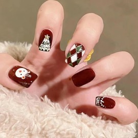 Christmas Press on Nails Red Fake Nails Short Square False Nails Glossy Acrylic Nails Christmas Tree Bear Stick on Nails Cute Glue on Nails Winter Artificial Fake Nails for Women Girls Xmas Manicure
