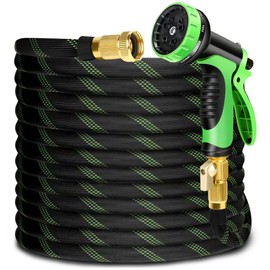 100ft Non-Expandable Garden Hose with 10 Function Nozzles, Flexible, Lightweight, Kink-Free, Leak-Proof, Sturdy Water Hose with Strong Brass Connector for Yard, Lawn, Outdoor, Marine and Camper