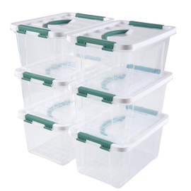 Eslite 6 Quart Plastic Stackable Storage Latch Bins,Clear Latching Box with Handle and Lid,Pack of 6 (Green Handle)