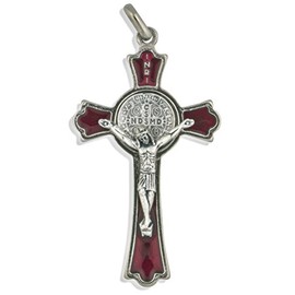 2" Saint Benedict Cross Pendant with Colored Enamel (Silver-Red)