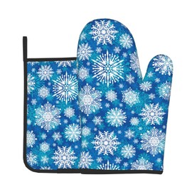 Lukbfall Winter Snowflakes Oven Mitts and Pot Holders 2 Pcs Set Christmas Background Oven Glove and Potholder Suitable for Barbecues Baking Cooking Microwave
