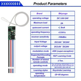 Bkiyougo 433mhz Remote, 12v Remote Control Switch, DC 6V 12V 24V 1CH Channel Relay Wireless Secure RF Remote Control Switches Transmitter and Receiver kit, Momentary Toggle Latched Delay Mode(1Pack)