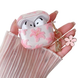 MINSCOSE Compatible with AirPods 4 Clear Case, Cute Flower Pattern Design with Pretty Aesthetic Floral Keychain Soft TPU Protective Shockproof Cover for AirPods 4 for Women Girls-Pink