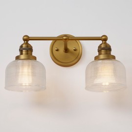 Teqinchy Double Vintage Gold Wall Sconces Antique Brass Bathroom Vanity Light with Clear Corrugated Glass Shade Indoor Hardwire Wall Sconce Lamp Lights for Bathroom Living Room Bedroom Kitchen
