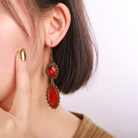 Kercisbeauty Red Crystal Dangle Drop Retro Gold Earrings for Women Girls Old Fashion Vintage Royal Jewelry