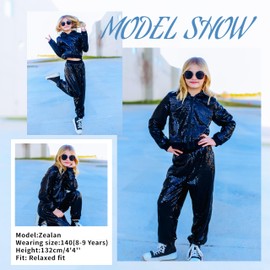 LOLANTA Kids Cropped Top Sequin Black Dance Costumes Spring Fall Coat Trouser Hip-hop Dance Outfits (Black, 8-9 Years)