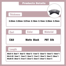 Eyelashes, 1 to 1 Individual Eyelash Extensions for Eyelash Extension, D Curl, 0.20 mm, 8-14 mm, Mixed Individual Eyelashes, 1:1, Classic Individual Eyelash Extensions (0.20-d-mix8-14)