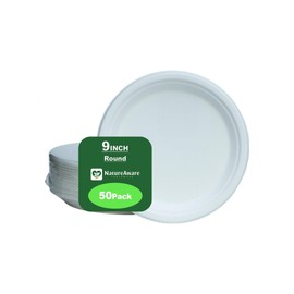 NatureAware Premium 9 Inch Round White Paper Plates [50-Pack] -100% Compostable & Eco-Friendly Disposable, Heavy Duty, PFAS-Free, Made of Sugarcane Bagasse (9" Round Plates)