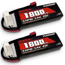 PCEONAMP 2S Lipo Battery 1800mAh 25C with T Plug Rechargeable High Capacity RC 7.4V Battery Fit for WLtoys 4WD High Speed RC Cars and Most 1/10, 1/12, 1/16 Scale RC Cars Trucks（2packs）