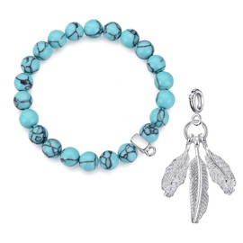 Philip Jones Synthetic Turquoise Gemstone Bracelet with Feathers Charm